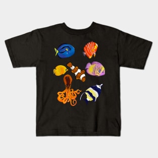 Best fishing gifts for fish lovers 2022. Octopus squid and friends  tropical Coral reef fish rainbow coloured / colored   fish and octopus swimming under the sea Kids T-Shirt